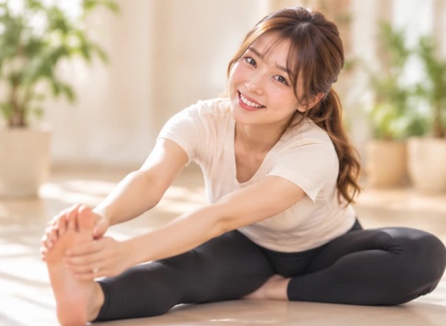 笑顔で脚を伸ばすストレッチ