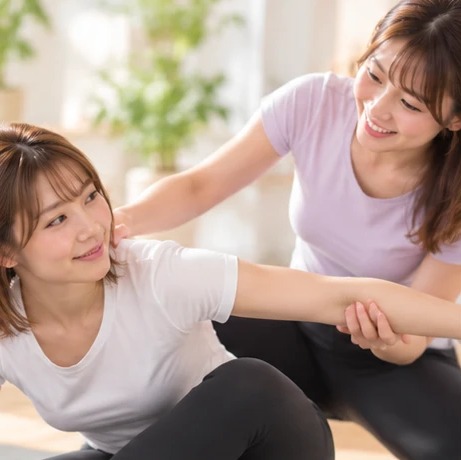 女性トレーナーが腕のストレッチをサポートする様子