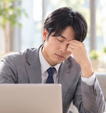 パソコンの前で目元を押さえる男性